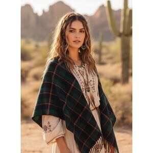 Ruggine Poncho Style Plaid Shawl with Neck Slit NWT